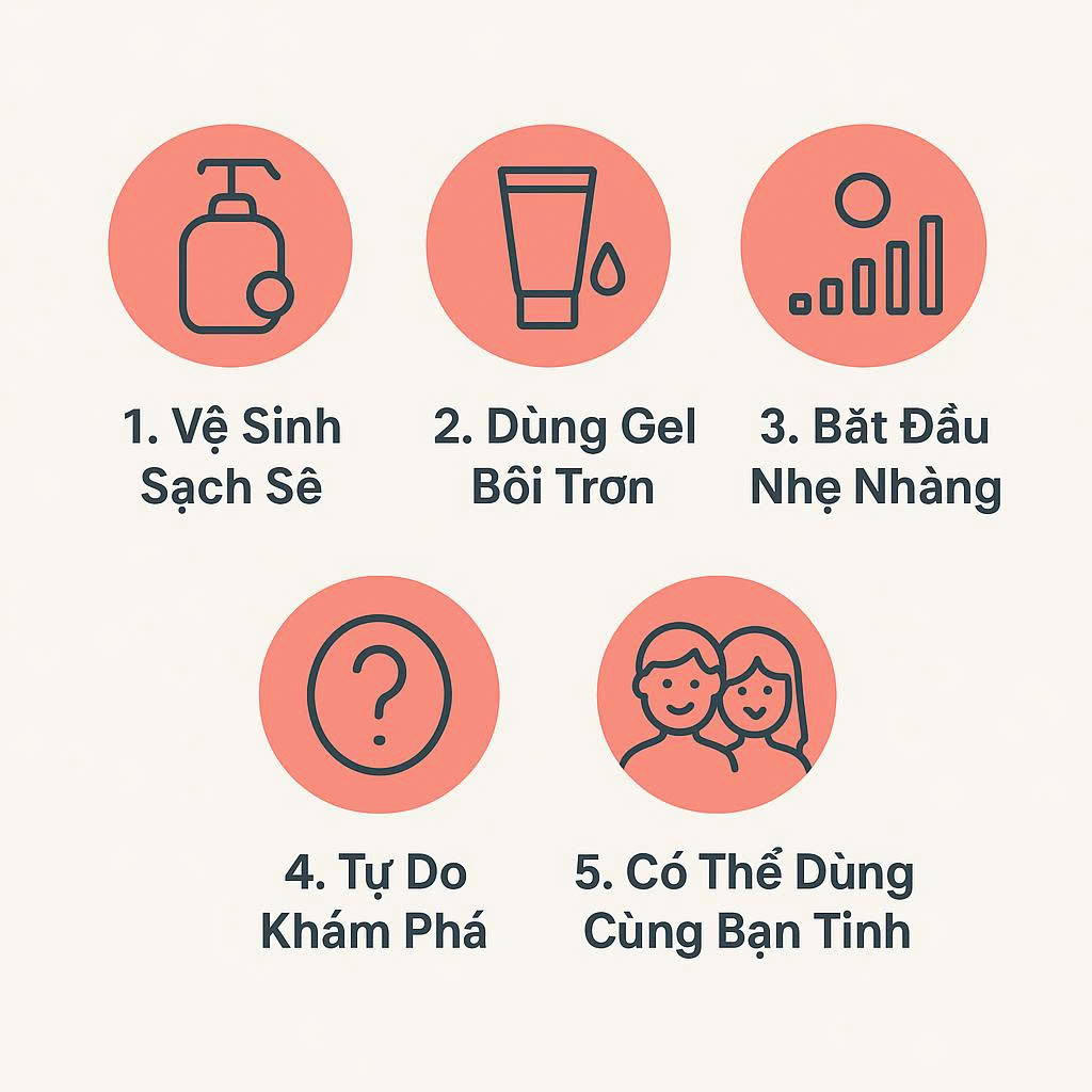 Infographic 5 bước hướng dẫn sử dụng máy rung cho nữ an toàn và hiệu quả, từ vệ sinh đến khám phá các điểm nhạy cảm.